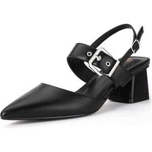 New Idifu Women 9 Black Faux Leather 2.75" Block Heel Pointy Toe Buckle Shoes